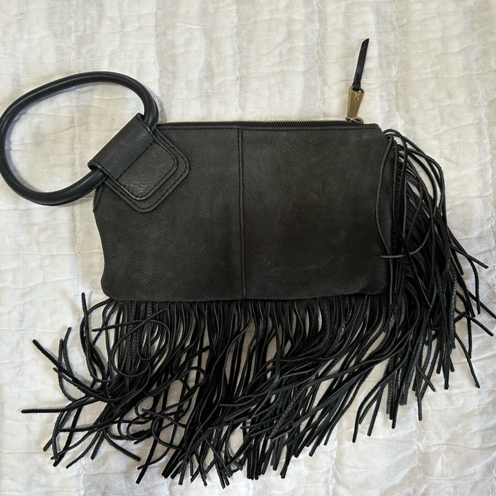 HOBO Black Fringe Wristlet Clutch Leather